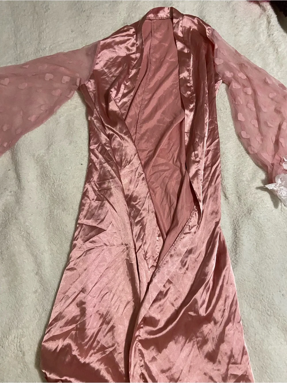 Women's Pink Satin & Sheer Heart-Sleeve Robe